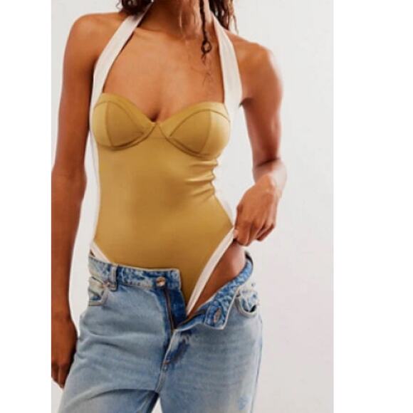 We Are HAH Swimsuit Bodysuit Free People Pull It Thru Bodycon Gold Size Small - Picture 2 of 11